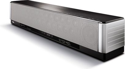 Yamaha PPS-3000 sort og sølv audio-/videomøbel, set forfra, med rektangulært, langstrakt format og metallisk frontgitter