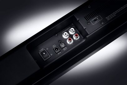 Soundbar Magnat WSB 50 Pro černá, pohled shora, audio konektory a ovládací tlačítka na zadním panelu