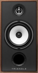 Ön cephesi siyah, orta tweeter, beyaz konik woofer ve altta dairesel portlu, kestane renkli ahşap Triangle BR04 kitaplık hoparlör, ön görünüm