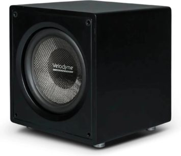Velodyne VI-Q 10 sort subwoofer, kubeformet kabinet med frontmonteret metalmembran-højttaler set i trekvart profil
