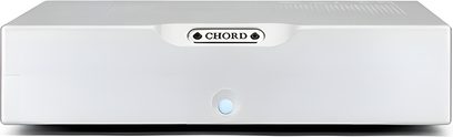 Amplificador de potência Chord Electronics BerTTi prata, chassi retangular em alumínio escovado, logotipo gravado no painel frontal, luz indicadora azul