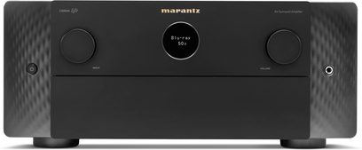 Amplificador de cine en casa Marantz Cinema 40 negro, panel frontal, pantalla LCD, perillas giratorias, logotipo blanco sobre negro