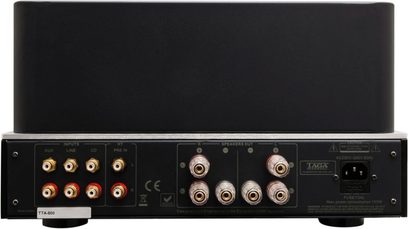 Rørforstærker Taga Harmony TTA-500 sort, set forfra, 8 rør, 6 RCA-indgange, 4 højttalerudgange, knapper og stik