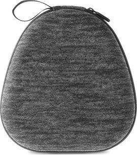 Căști hifi fără fir Bluetooth Focal Bathys negru intens într-o husă gri texturată, vedere din față, fermoar vizibil în partea de sus
