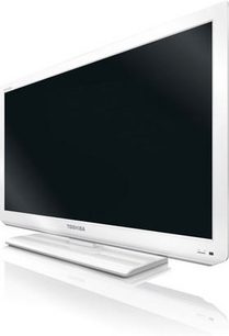 Toshiba 32HL834 HD-fladskærms-tv, sort, set forfra, placeret på en skinnende hvid holder