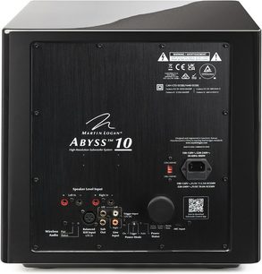 Abyss 10 sortlakeret subwoofer bagfra med tilslutninger, hvide inskriptioner og blank overflade