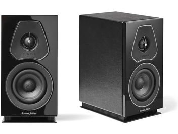 Sonus Faber Lumina I plaukta skaļrunis melnā lakā, skats no priekšpuses un trīs ceturtdaļu leņķī ar redzamu augsto frekvenču skaļruni un skaļruni
