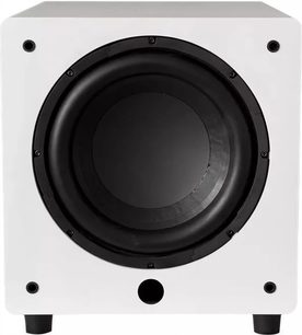 Matte witte kubusvormige subwoofer Velodyne Impact X10, 10" zwarte woofer, 2 poorten, 4 zwarte voetjes