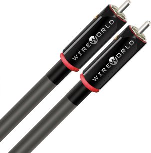 Cavo audio analogico RCA Wireworld Equinox 10 RCA 1m, connettori cilindrici neri con testo bianco, anelli rossi, conduttori grigi