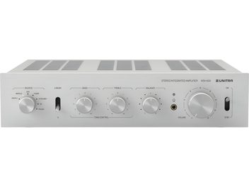 Integrovaný stereo zesilovač Unitra WSH-605, stříbrný kartáčovaný hliník, pohled zepředu, ovladač hlasitosti, přepínač zdroje, konektor pro sluchátka