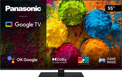 Panasonic TX-55MX700E 55" TV-skærm, der viser farverige billeder af bobler og tekst på sort baggrund