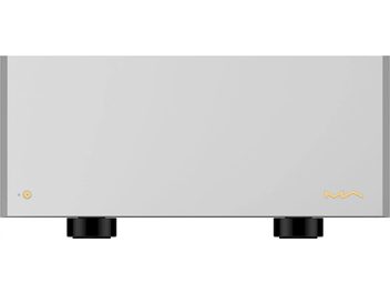 Matrix Audio MA‑1 silbergrauer Endverstärker aus gebürstetem Aluminium, Frontansicht, minimalistische Front mit goldenem Logo unten rechts, goldener runder Ein-/Standby-Knopf unten links und zwei schwarzen zylindrischen Füßen