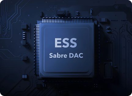 Pogled od zgoraj na tiskano vezje s kvadratnim osrednjim čipom, besedilo "ESS Sabre DAC", pravokotni komponenti okoli
