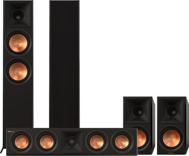Pack RP-6000F II 5.0 ebony, 2 sloupové reproduktory s 2 měděnými výškovými reproduktory, 1 centrální reproduktor, 2 knihovnové reproduktory, pohled zepředu