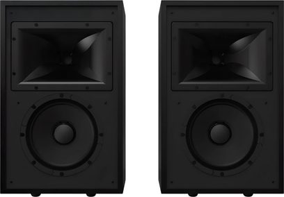 Coppia di diffusori da scaffale Klipsch Rebellion neri, vista frontale con tromba e altoparlante circolare