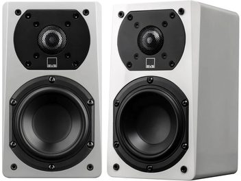 Diffusori acustici da libreria SVS Prime Satellite neri laccati, vista frontale, con midrange e tweeter visibili