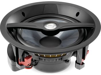 Focal Littora 200 ICW 8, diffusore da incasso a soffitto, vista frontale, griglia nera, altoparlante circolare argentato, tweeter centrale, fermi rossi