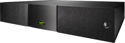 Naim Audio Nap 200 sort effektforstærker, frontvisning, lysende grønt logo, sort knap, børstet front