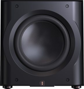 Subwoofer Perlisten D12s negru, vedere frontală, suprafață netedă, difuzor central circular, colțuri rotunjite