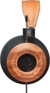 Åbent hi-fi hovedsæt Grado GS2000e, sorte transducere og metalrist, hovedbøjle og ørepuder i lyst året træ