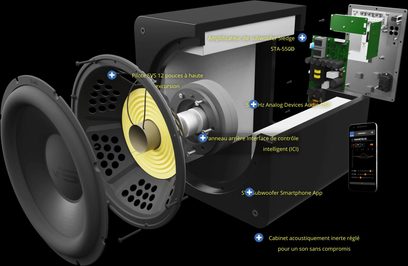 SVS SB-2000 Pro black ash subwoofer, annotated exploded view of internal components, 12-inch driver
