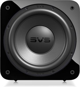 Subwoofer SVS SB-3000 R|Evolution v černém klavírním laku, pohled zepředu, uprostřed tmavě šedý kruhový reproduktor