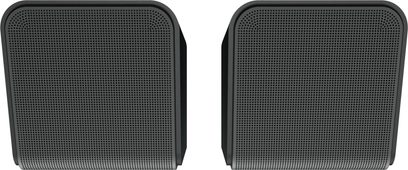 Комплект от две безжични колонки Klipsch Flexus Surr 200 в черно, с правоъгълни кутии от матови пластмасови материали, перфорирана метална предница и закръглени ръбове, преден изглед