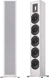 Draadloze verbonden luidspreker Piega Premium 701 Wireless Gen2 wit, voor- en zijaanzicht, 4 zwarte luidsprekers, witte grill