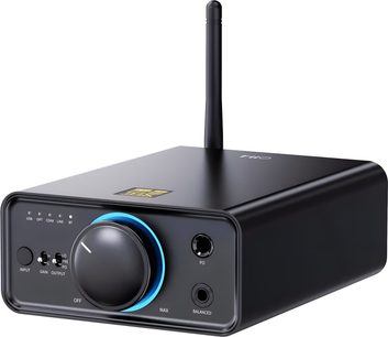 FiiO K7 BT black aluminum headphone preamp, front right three-quarter view, large volume knob encircled by blue light, row of input LEDs, gain selector, two headphone jacks, and rear vertical antenna