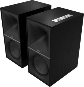 Bezdrátové připojené reproduktory Klipsch The Nines černé, pár, černý povrch, pohled zepředu, dřevěné, černé mřížky