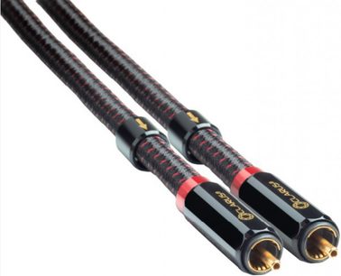 Analog RCA-lydkabel Clarus Crimson 1m med to sorte cylindriske stik, guldbelagte ender og sort-rød flettet kappe