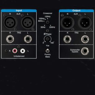 Diffusore amplificato Fluid Audio F8S, schema frontale e posteriore, connessioni e impostazioni, crossover attivo a 5 frequenze