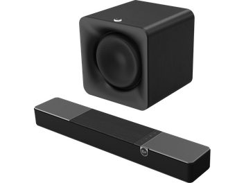 Soundbar Klipsch Flexus Core 100 nera con subwoofer Sub 100 cube nero dal design moderno