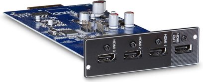 NAD MDC DD HDMI-2 utvidelseskort med 3 HDMI-porter, blå kretskort og sølvfargede elektroniske komponenter