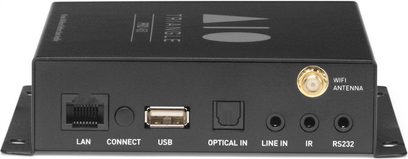 Amplificador hi-fi estéreo Triangle AIO PRO A50 visto de frente, com conexões LAN, USB, óptica, linha e antena WiFi
