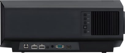 Sony VPL-XW5000ES svart videoprojektor, frontvisning, tilkoblingsporter, ventilasjonsrist, kontrollknapper