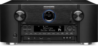 Marantz SR-8012 sort hjemmebiografsforstærker, frontpanel, frontvisning, blå skærm "Blu-ray Dolby Atmos", knapper og stik