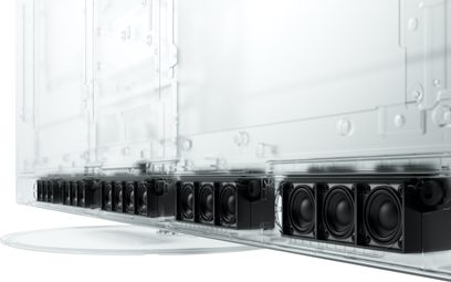 Panasonic TV-65Z95AEG -teräväpiirtotelevisio, sivukuva, alareunassa rivi mustia sisäänrakennettuja kaiuttimia