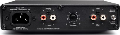 Cambridge Audio Alva Solo Phono-Vorverstärker in anthrazitgrau, Frontansicht mit Tasten, Anschlüssen und Anzeigelämpchen auf der Vorderseite