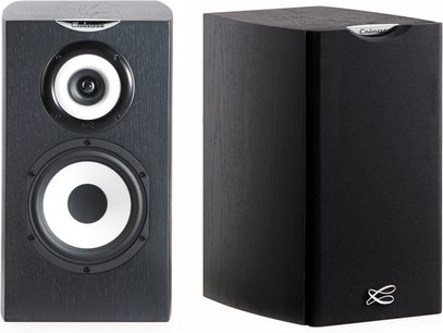Altavoz de estantería Cabasse Minorca MC40 ébano, vista frontal y lateral, dos altavoces circulares, acabado en madera negra
