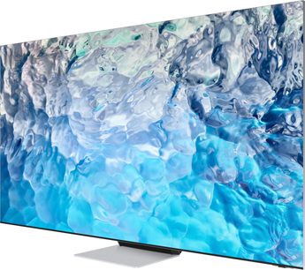 Televizor Samsung QE85QN900B 2022, plochý obdélníkový displej zobrazující abstraktní obraz v tyrkysově modré barvě, pohled zepředu