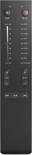 Zwarte afstandsbediening, volumeknoppen, ingang, afspelen, pauze, terug, vooruit, Bluetooth-koppeling, dempen, LED-indicatoren