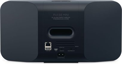 Trådløs, tilsluttet BlueSound PULSE MINI højttaler i sort, set forfra, med USB-, optisk og analog tilslutning