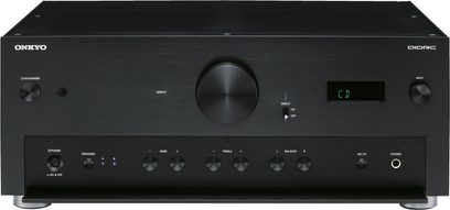 Onkyo A-9000R Schwarz Stereo-Hi-Fi-Verstärker, Frontansicht, schwarze Frontblende mit Tasten, Lautstärkeregler, LED-Anzeige, Kopfhörerbuchse