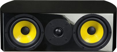 Sort Davis Acoustics Centrale HD centerhøjttaler set forfra, 2 gule højttalere, sort centraltweeter