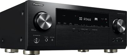 Pioneer VSX-LX304 sort hjemmebiografsforstærker, set forfra, sort front med knapper, drejeknapper og LCD-skærm, 2 hovedtelefonstik