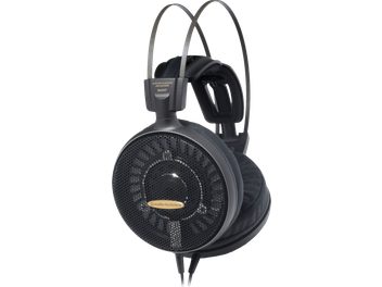 Otevřená hi-fi sluchátka Audio Technica ATH-AD2000X černá s mřížkovanými mušlemi a dvojitým kovovým hlavovým mostem, boční pohled
