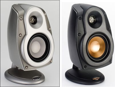 Klipsch RSX-4 kompakte højttalere, to frontbilleder, metallisk grå og sort finish, synlige højttalerenheder