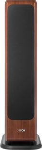 Canton Vento 101 floorstanding speaker in walnut finish with black front panel, front view on black base