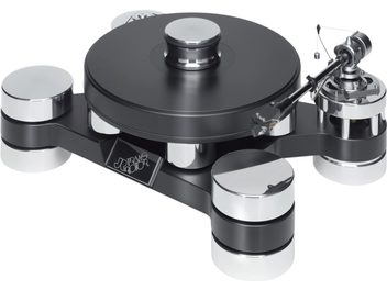 Tříčtvrteční pohled na hi-fi gramofon Transrotor Dark Star Silver Shadow RB330 v matné černé akrylové úpravě, vybavený třemi válcovými nohami z leštěného stříbrného kovu, tlustým černým kruhovým talířem, chromovaným přítlačným kotoučem a kovovým ramenem pro čtení.